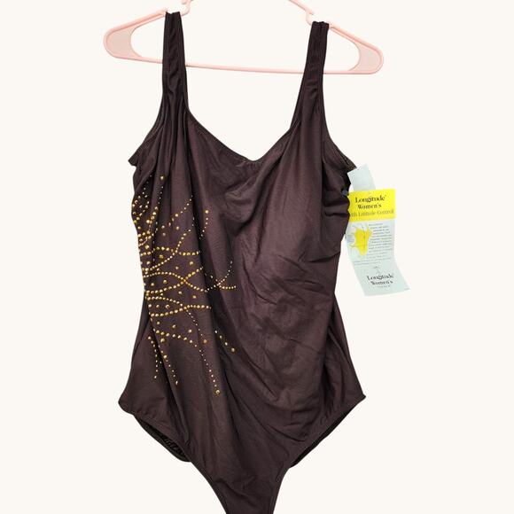 Longitude One Piece Swimsuit 22W NWT Tummy Control Long Torso Sunrise Gold Bling - Picture 2 of 9